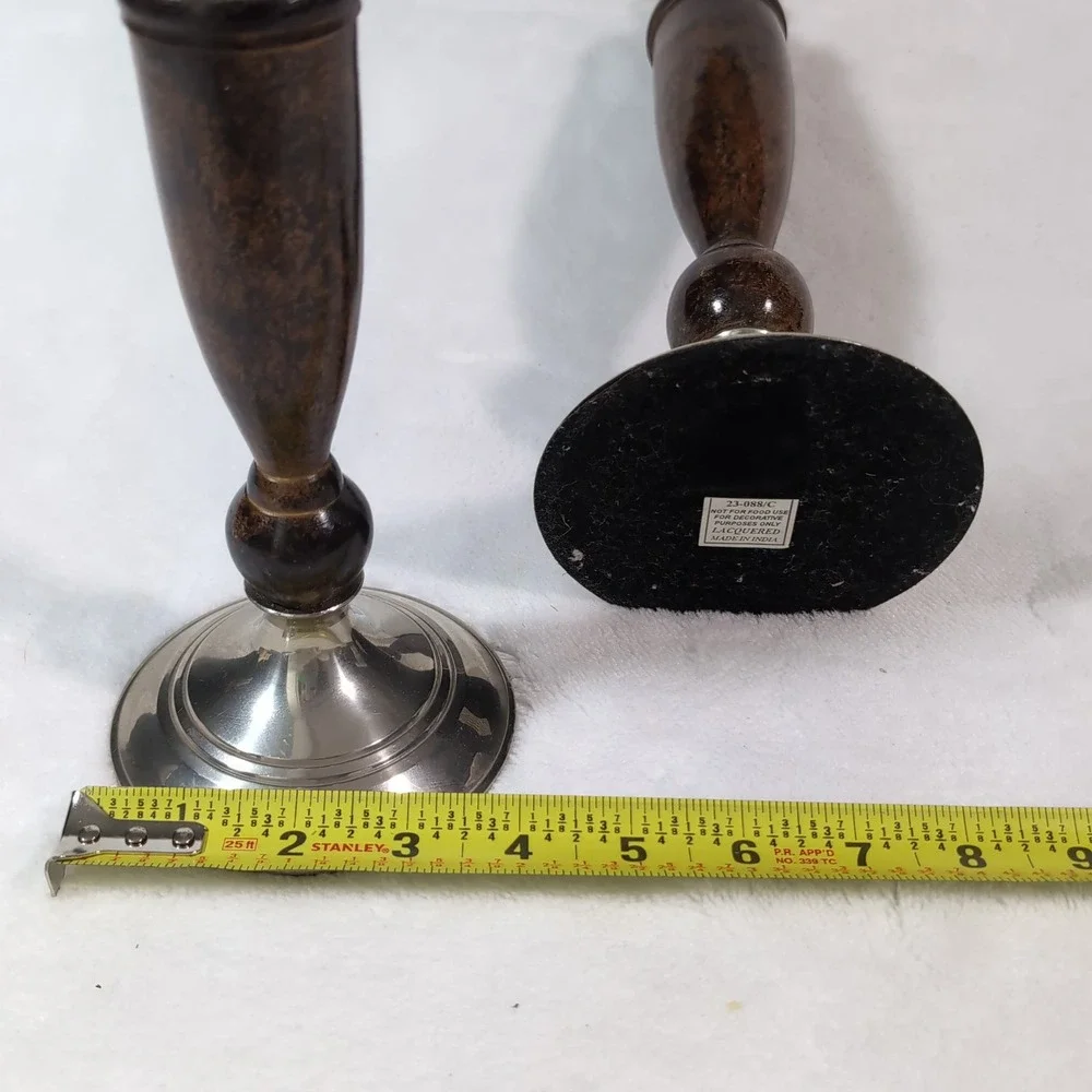 Vintage Candlestick Holders Silver Lacquered Wood~ Metal Set of 2~ India 70s MCM